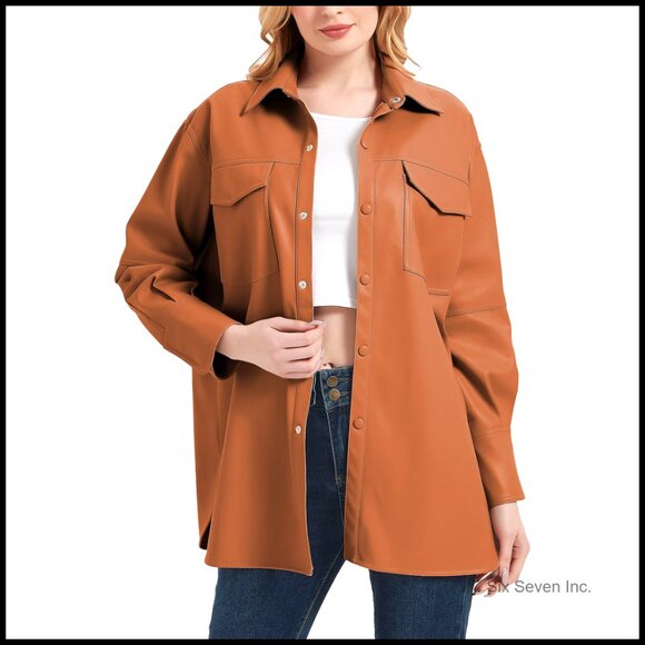 Faux Leather Shacket Jacket Loose Fit Button Down Long Sleeve Casual